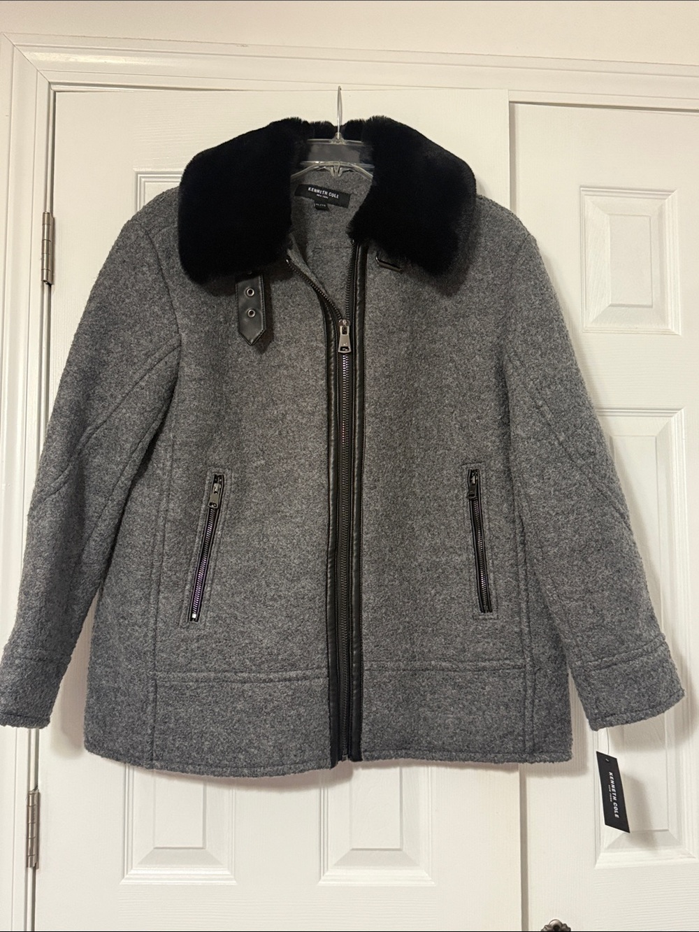 Kenneth Cole Women's Faux-Fur-Collar Moto Coat. Size US XL.
